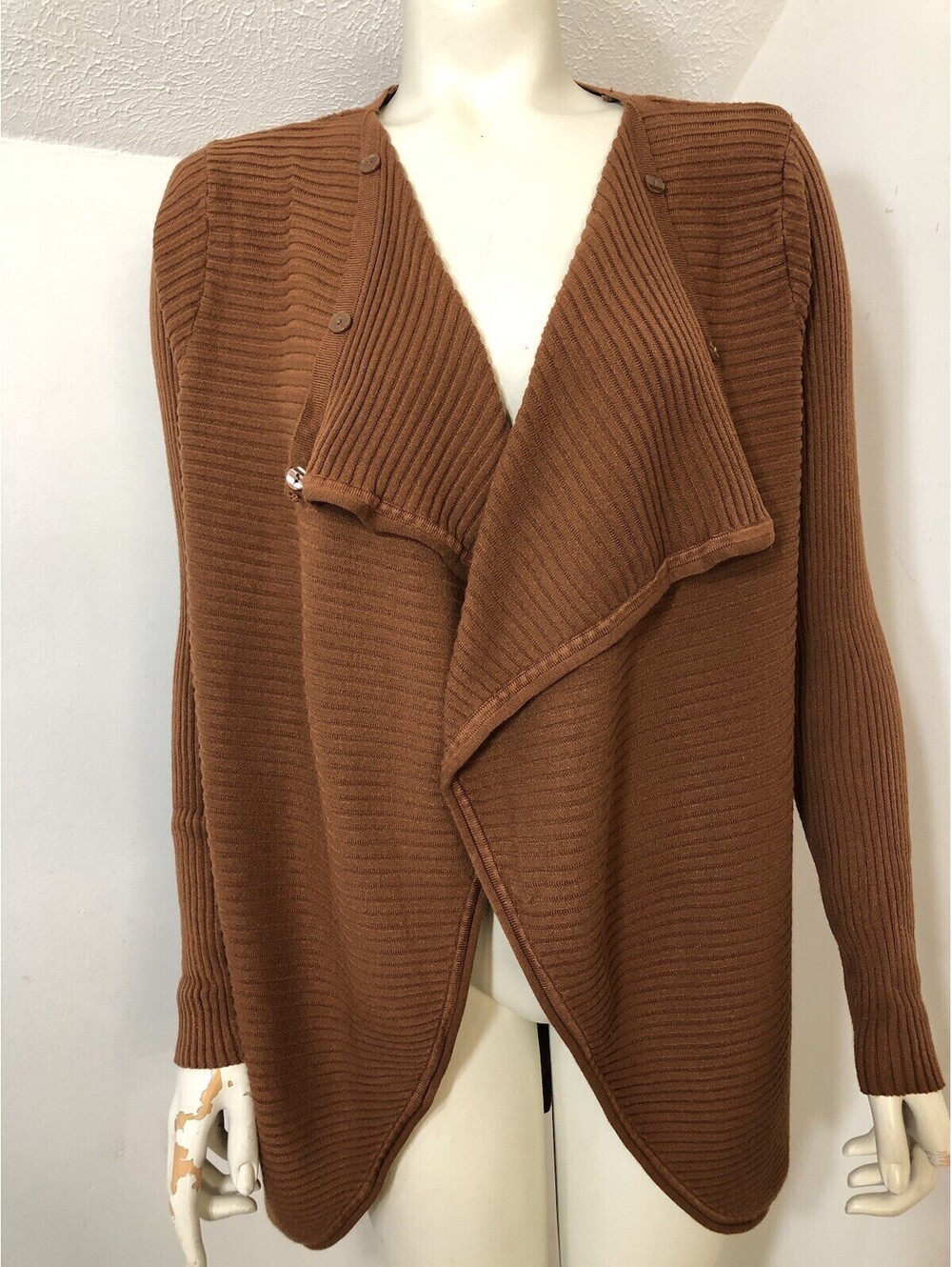 Alfani Womens Large Open Front Cardigan Sweater Ribbed Brown Button Detail